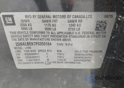 2015 Chevrolet Equinox 1Lt z USA, uszkodzony, nr VIN 2GNALBEK7F6350184